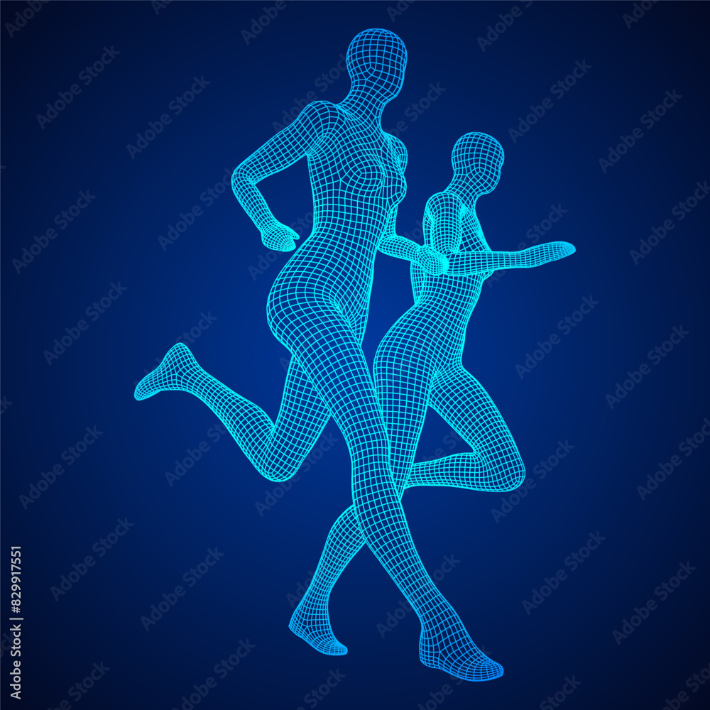 Fototapeta premium Running woman. Sprinter silhouette. Wireframe low poly mesh vector illustration
