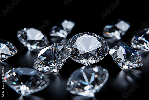 Cluster of Luxury round brilliant diamonds on polished black background