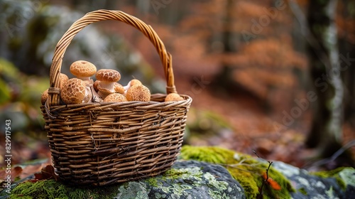 A basket of wild matsutake mushrooms on a mossy rock. Generative Ai