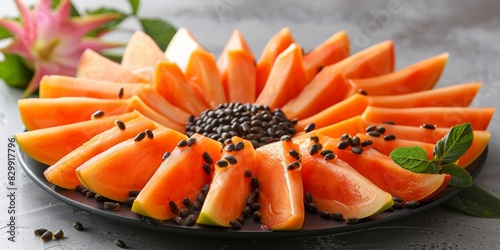Ripe papaya segments arranged artistically, isolated on white background, ideal for culinary presentations, bright and fresh, room for copy