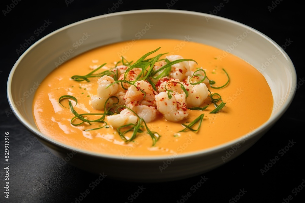 a bowl of soup with shrimp and vegetables, A bowl of creamy lobster bisque a bowl of soup with shrimp and vegetables, A bowl of creamy lobster bisque