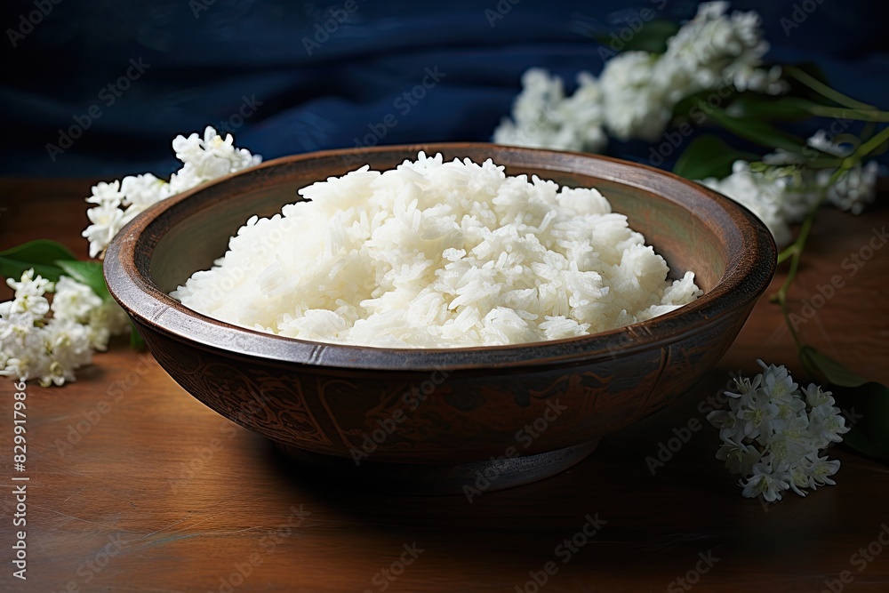 a bowl of rice with a bunch of flowers in the background, A bowl of fragrant jasmine rice a bowl of rice with a bunch of flowers in the background, A bowl of fragrant jasmine rice