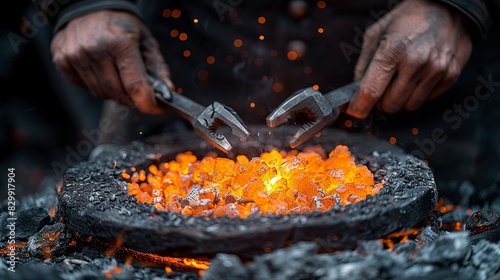 A blacksmith's hands tempering metal in a forge, using tongs to handle the hot material. Minimal and Simple style photo