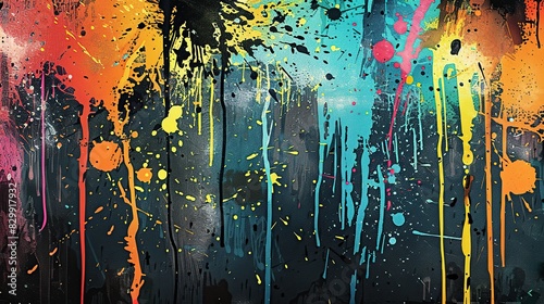 Colorful paintings with splashes of paint that create a sense of chaos and energy. The colors are bright and bold, and the splashes appear randomly placed photo
