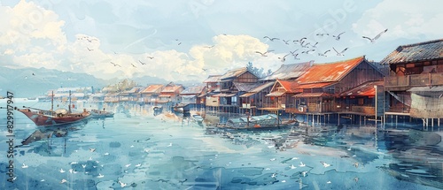 Tranquil Watercolor Fishing Village: A captivating scene of a traditional Japanese fishing village with wooden houses lining the shore, red-tiled roofs reflecting in calm harbor waters.