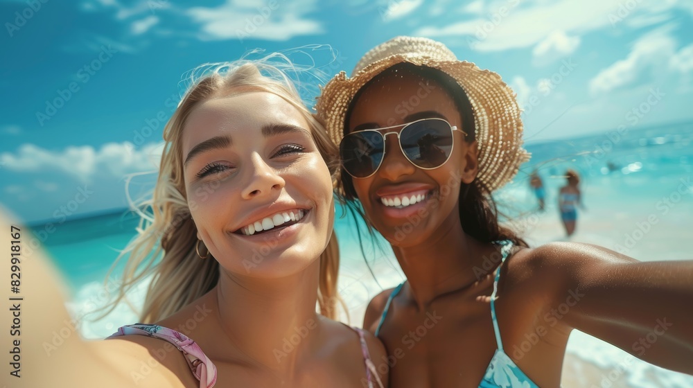Portrait and beach selfie of cheerful, smiling women on mockup background in summer, vacation, or holiday. Miami travel, face, and freedom by friends embrace for photo, profile, or social media post.