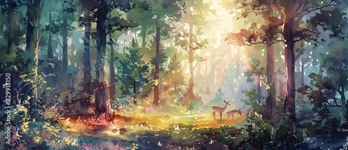 Vibrant Forest Serenity  a traditional Japanese forest in vibrant watercolor hues. Sunlight filters through dense canopy  casting dappled shadows on the forest floor. Family of deer grazed peacefully.