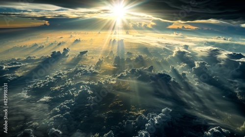 Sunlight streaming through gaps in the clouds, creating a breathtaking display of light and shadow on the earth below.