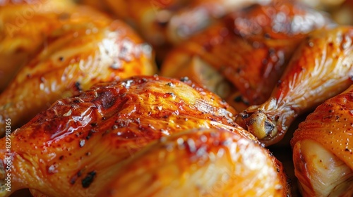 Close up perspective of freshly roasted chicken displayed horizontally photo