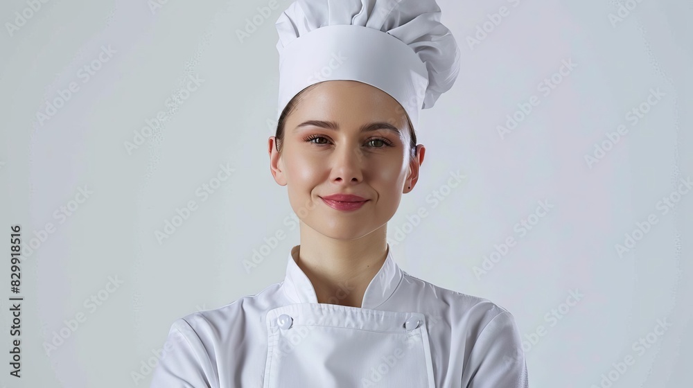 elegant female chef in pristine uniform against white backdrop exuding culinary mastery sleek photo elegant female chef in pristine uniform against white backdrop exuding culinary mastery sleek photo