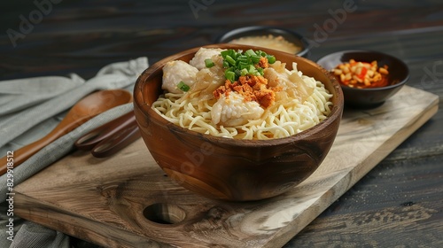 Delicious chicken noodle with big bakso urat served on rustic cutting board on dark . Generative Ai