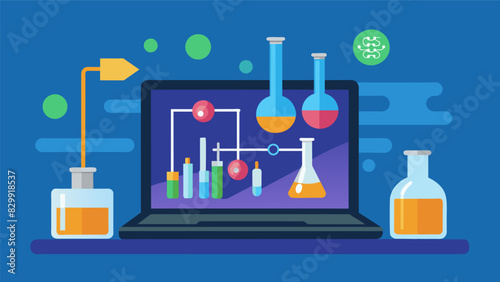 A virtual lab simulation on a laptop screen allowing students to conduct experiments and gather data safely from home.. Vector illustration