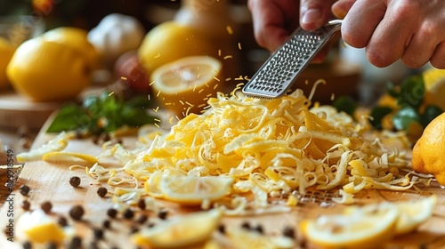 A chef's hands zesting a lemon, using a grater to collect the fragrant peel. Minimal and Simple style photo