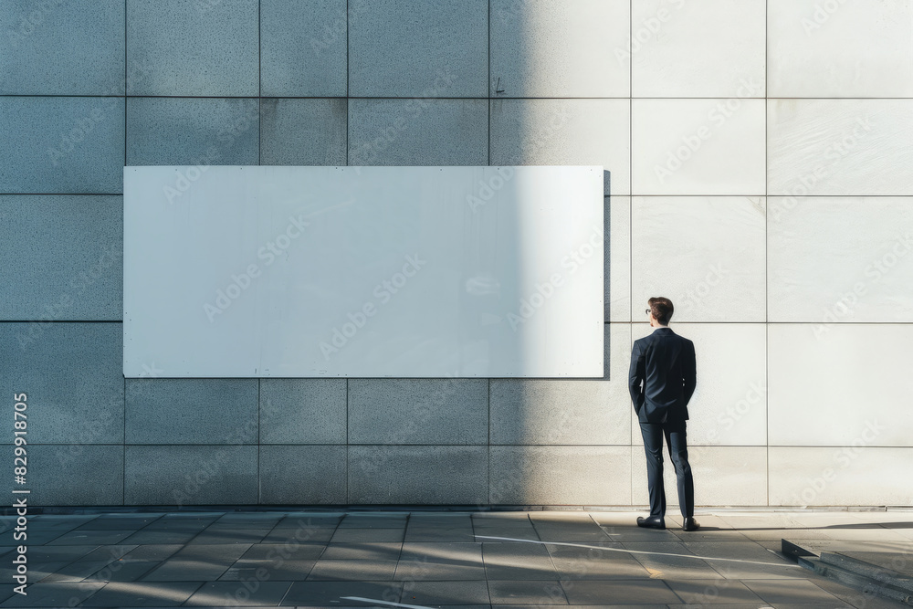 Business person standing near a blank billboard in urban area Business person standing near a blank billboard in urban area