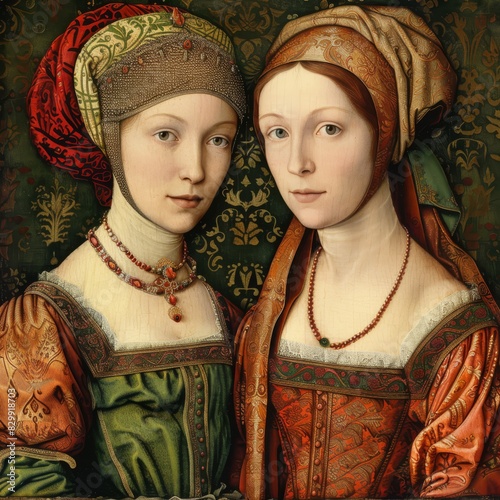 Renaissance Elegance: Two Women in Traditional 1400s Attire photo