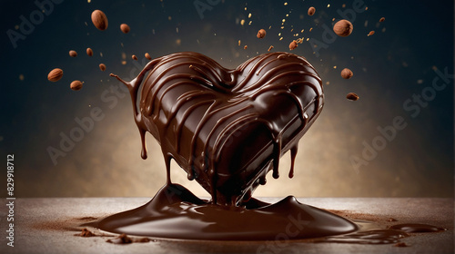 splash of chocolate with chocolate heart, photorealistic illustration of I love chocolate concept 