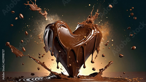 splash of chocolate with chocolate heart, photorealistic illustration of I love chocolate concept 