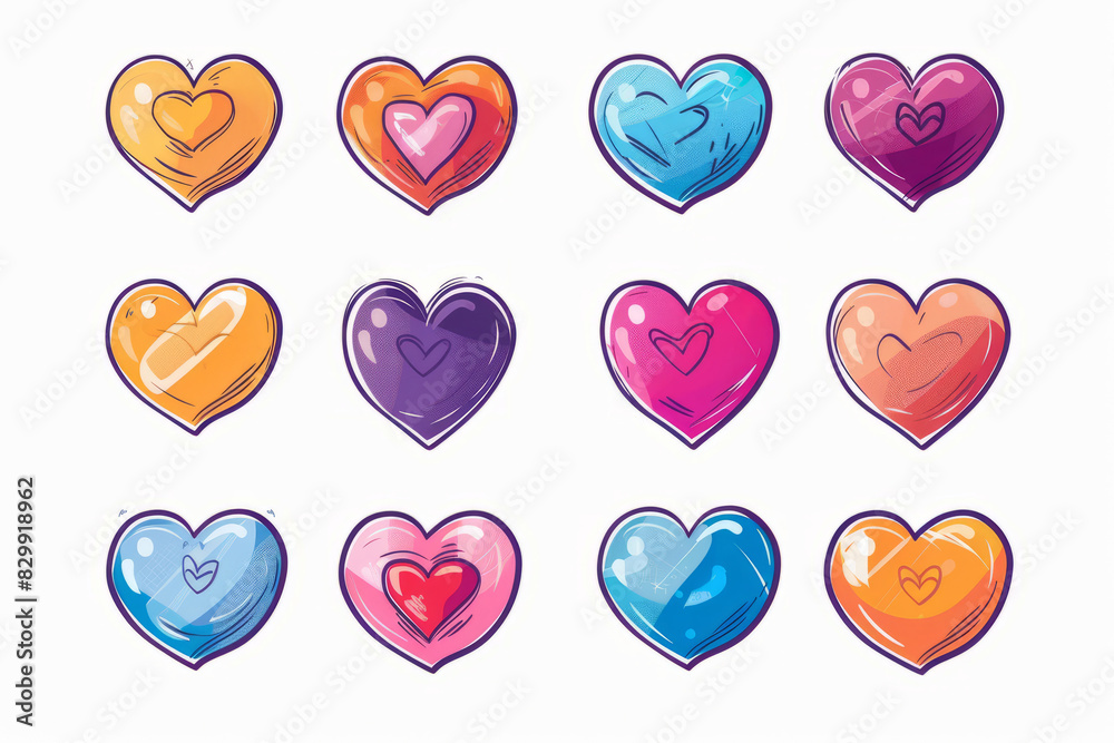 Collection of colorful illustrated hearts symbolizing love and affection