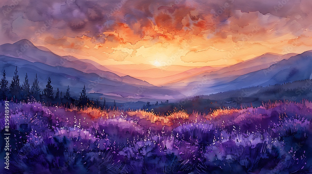 Serene watercolor wash of a lavender field at sunrise, gentle strokes, gradient purples blending with soft yellows, dreamy and serene, delicate lavender flowers, light and airy, peaceful ambiance.