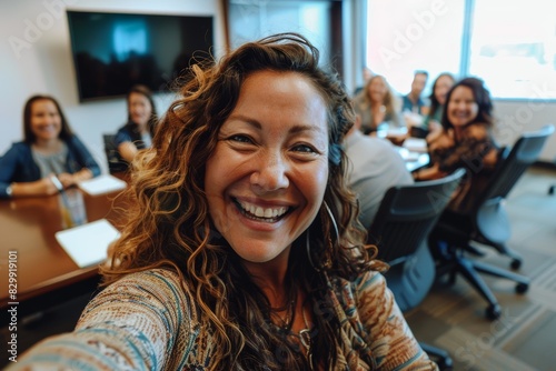 Team selfie  startup photo  business woman smiling for office growth. Leadership  profile photo  and willing to collaborate or promote vision development