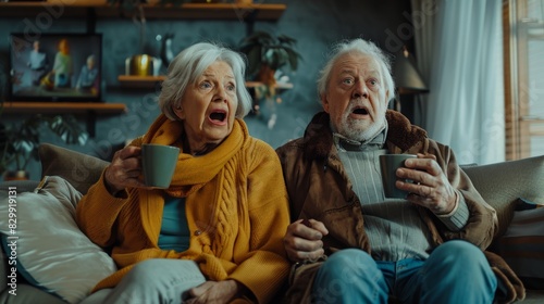 Senior couple watching TV on sofa in living room to stream movies or series. Elderly couple drinking coffee and using remote to change channels and watch online content