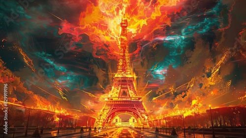 majestic eiffel tower engulfed in vibrant flames surreal aigenerated artwork photo