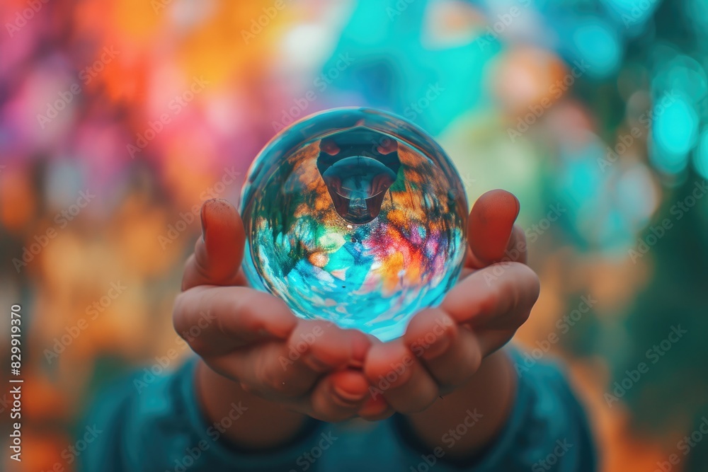 a woman holding a glass ball in front of her face, A counselor holding a kaleidoscope, reflecting the diverse emotions and experiences of students