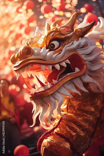 Vibrant and colorful Chinese dragon during a lively festival celebration with glowing lanterns and joyful atmosphere.