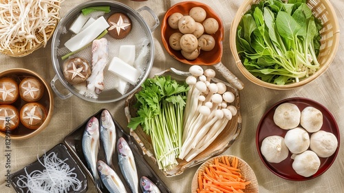 An assortment of ingredients for fugu nabe blowfish hot pot, Tecchiri nabe set. Generative Ai photo