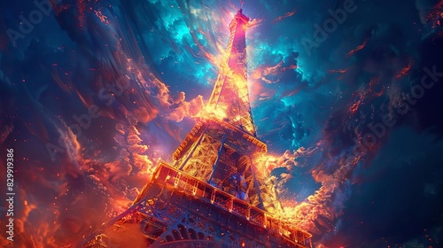 majestic eiffel tower engulfed in vibrant flames surreal aigenerated artwork photo