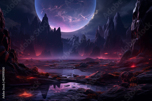 exotic alien planet with unusual terrain features at night