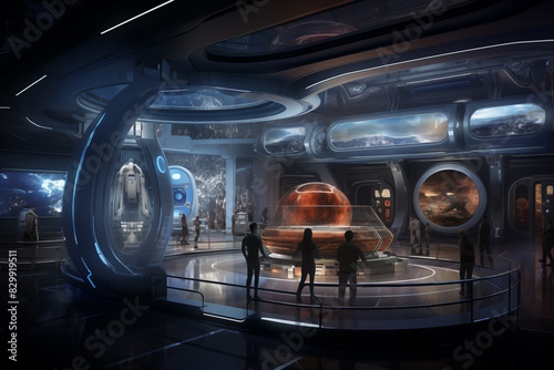 Hi-tech space station with modern metal walls Holographic display and advanced machinery