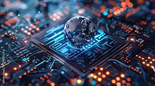 Futuristic computer chip with a globe on top. Globe surrounded by blue colored circuit boards for global communication, network connection and artificial intelligence concept