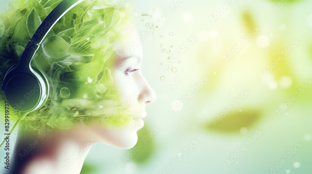 Fototapeta premium A double exposure of a human ear with a cup of green tea, emphasizing antioxidants' role in health.