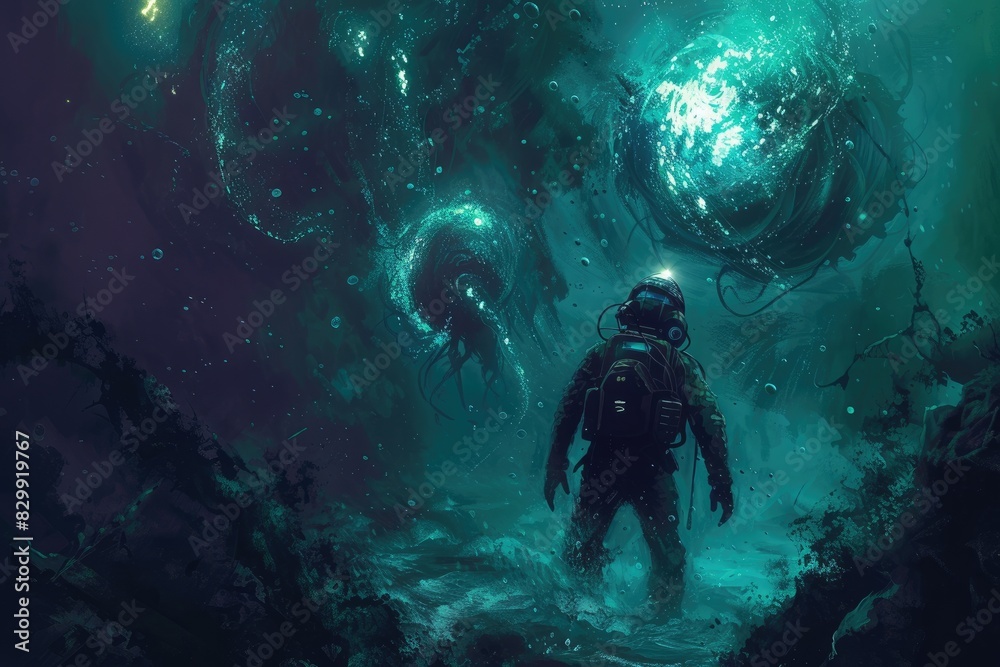 a man standing on top of a hill next to a giant monster, A deep-sea explorer venturing into the abyss, encountering bioluminescent creatures in the ocean's depths a man standing on top of a hill next to a giant monster, A deep-sea explorer venturing into the abyss, encountering bioluminescent creatures in the ocean's depths