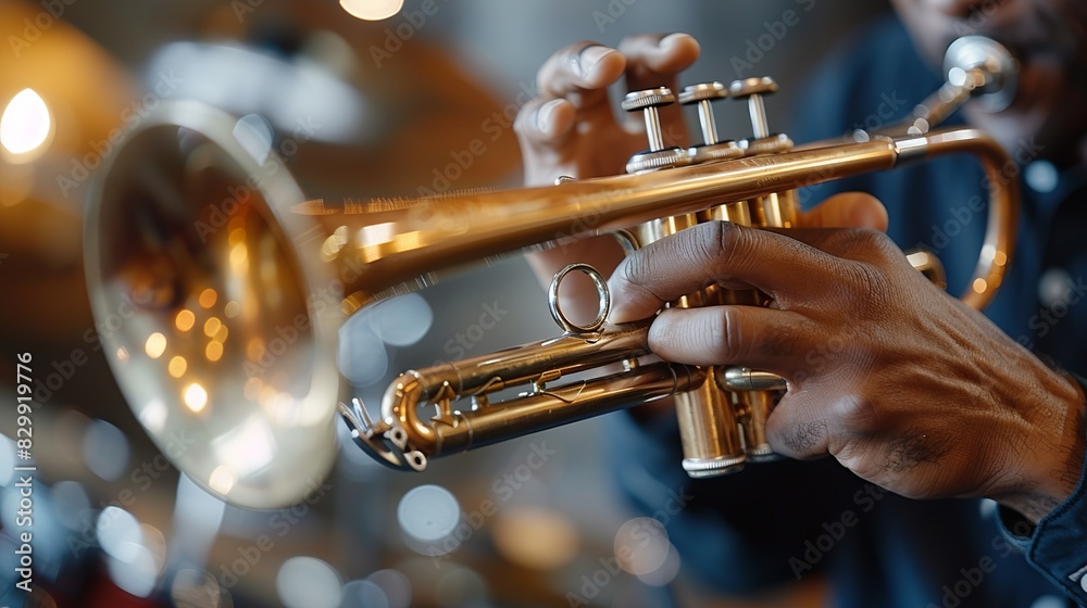 Obraz premium A musician's hands adjusting the valves on a trumpet, preparing to play. Minimal and Simple style