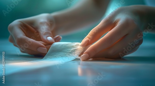 A nurse's hands applying a bandage to a wound, carefully securing it in place. Minimal and Simple style photo