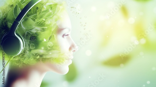 A double exposure of a human ear with a cup of green tea, emphasizing antioxidants' role in health. photo