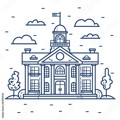 Historic Government Building with Bell Tower and Trees on Cloudy Day in Line Art