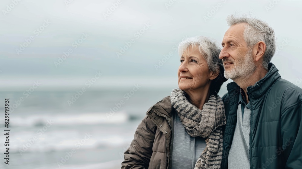 Beach, mockup, mature happy couple, tropical advertising place, or holiday destination. Winter date, nature health link, or island sand wandering man, woman, or people