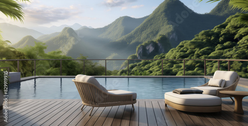 pool with a wooden deck and a view of mountains