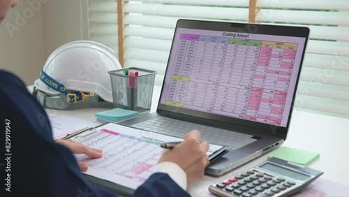 Expert woman asian female people review data number costing managerial account prepare monthly actual cost variance report at tax audit office. ESG sheet budget control ERP process service project.