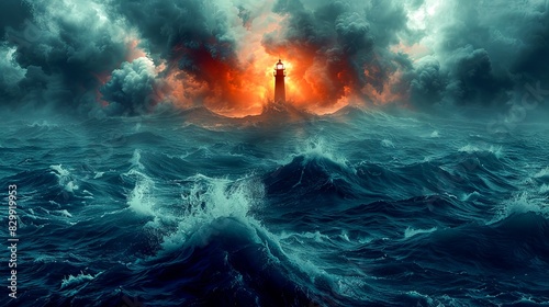 Dramatic stormy ocean scene with crashing waves and a beacon of light from a lighthouse amidst dark, swirling clouds. photo