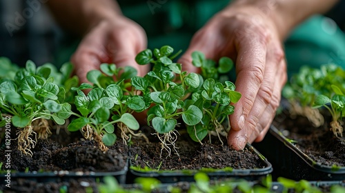 A gardener's hands transplanting seedlings into larger pots, showing the delicate roots. Minimal and Simple style photo