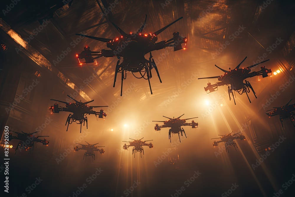 © SaroStock - a group of flying insects in the sky, A drone swarm performing synchronized aerial displays © SaroStock - a group of flying insects in the sky, A drone swarm performing synchronized aerial displays