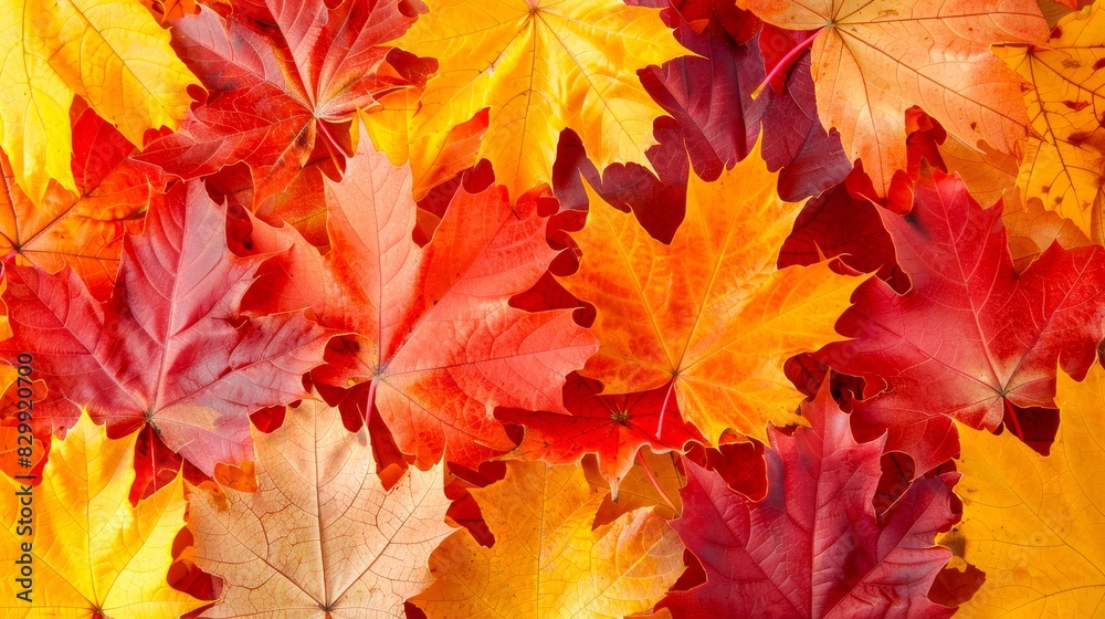 Vibrant mix of red, yellow, and orange autumn leaves, showcasing the beauty of fall in a stunning nature background.