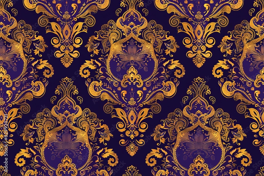 Royal ikat, luxurious gold and purple tribal patterns, regal and ornate