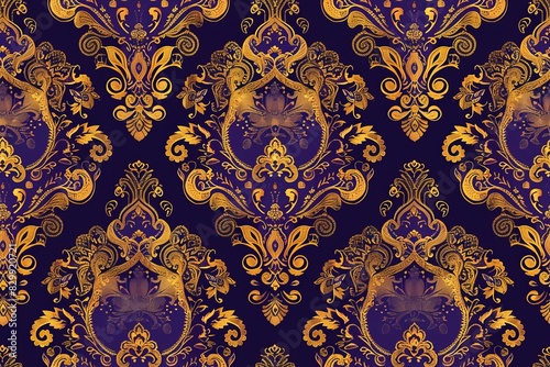 Royal ikat  luxurious gold and purple tribal patterns  regal and ornate