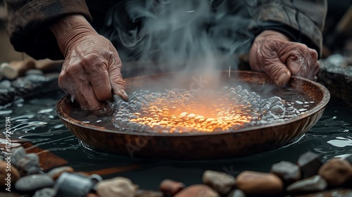 A blacksmith's hands quenching hot metal in water, steam rising from the process. Minimal and Simple style