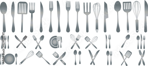 kitchen utensils vector illustration set, cutlery set, flatware collection, silverware, including spoon, fork, knife, spatula, whisker, ladle, tongs, peeler, grater